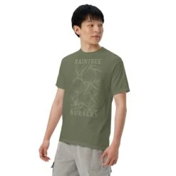 Apple Print Unisex T-Shirt In Olive -Raintree Nursery unisex garment dyed heavyweight t shirt moss left front 655f209a4fac5